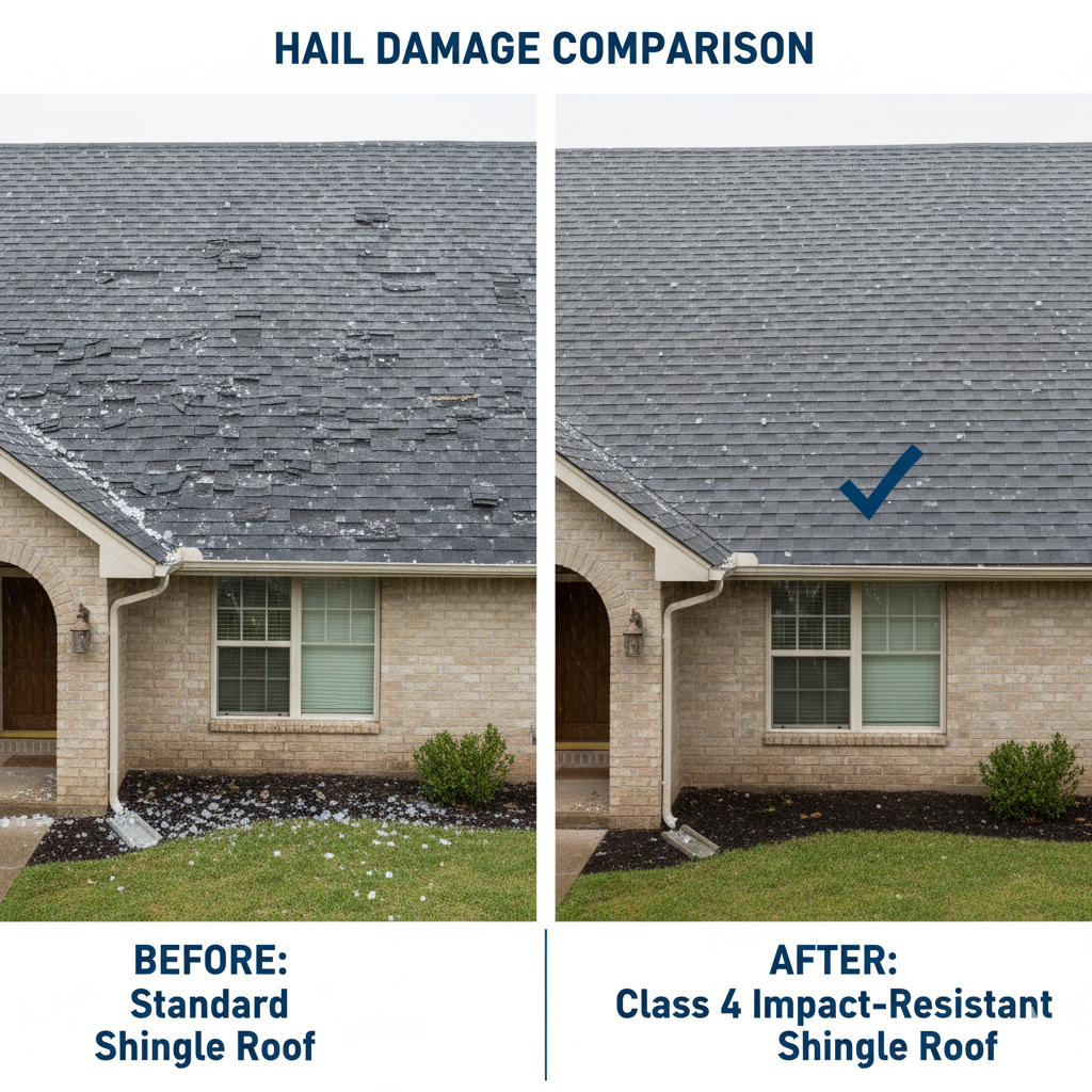 Before and after comparison of standard shingles vs Class 4 shingles after hail storm